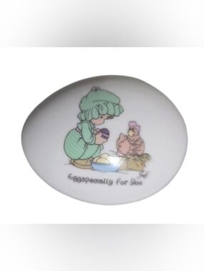 Enesco Pastel Green Girl & Chick Porcelain Egg Trinket